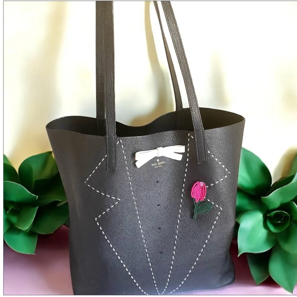 Kate Spade On Purpose Embroidered Leather Tote with tuxedo and boutonnière EUC
